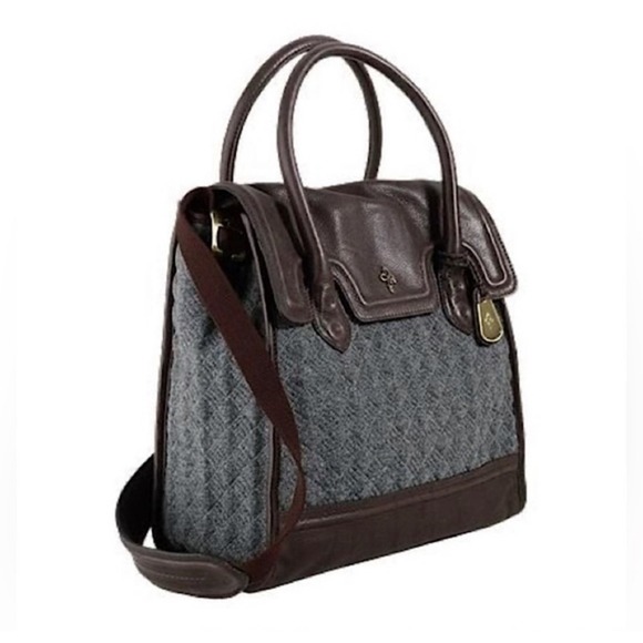 Cole Haan Gray Wool Quilted Leather‎ Satchel Crossbody Bag Purse 15" L X 12" H - Picture 1 of 10